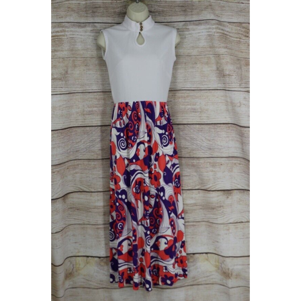 VINTAGE Sears Fashions Womens Sz Small Mock Neck Empire Floral Maxi Dress White